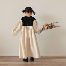 Load image into Gallery viewer, Spring Autumn Girls Tea Dress Baby Dress Kids Long Dress Children Clothes Vintage Black Beige Contrast Cotton 1 To 6 Yrs