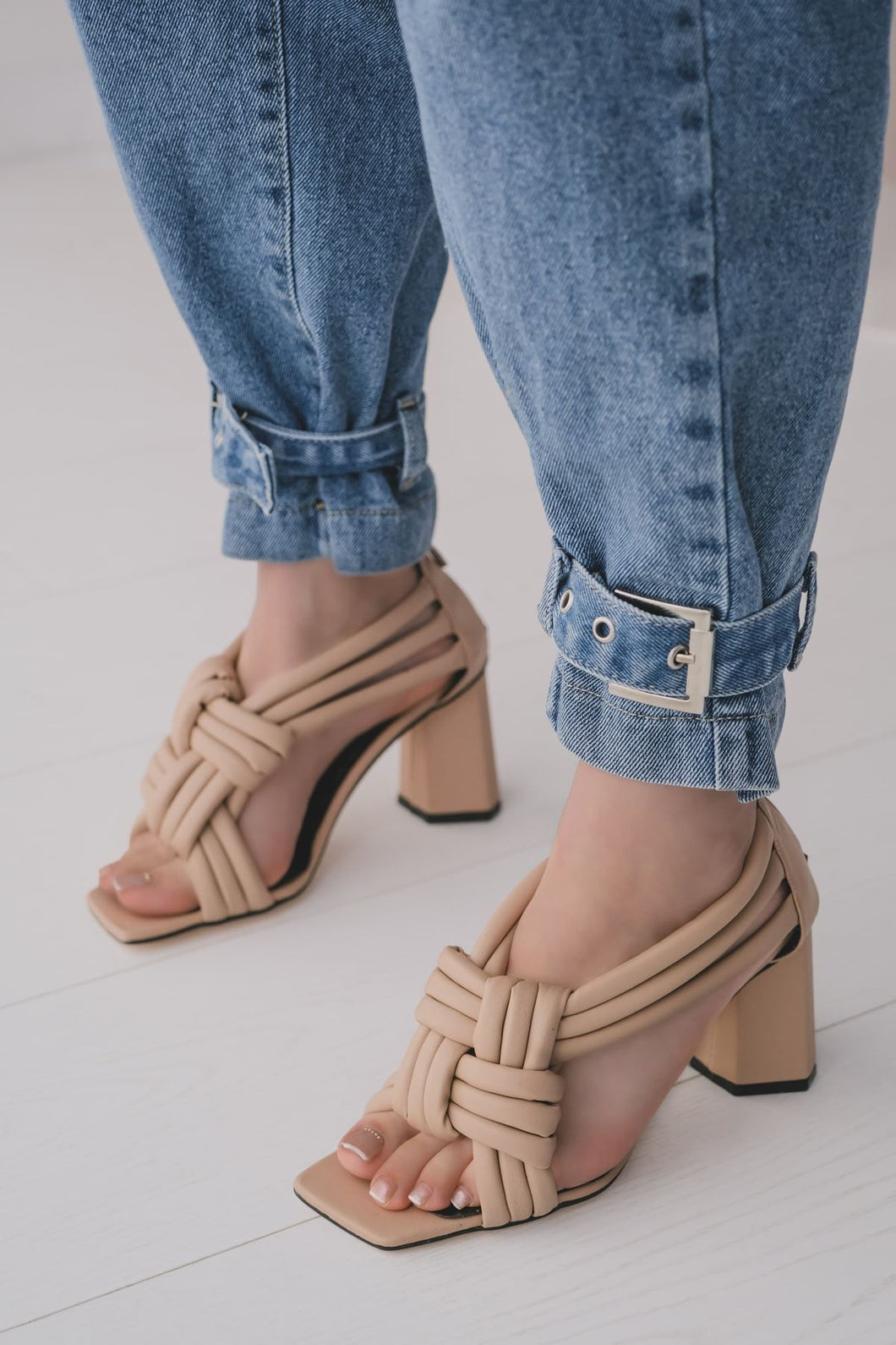 Women's Beige Leather Heeled Sandals