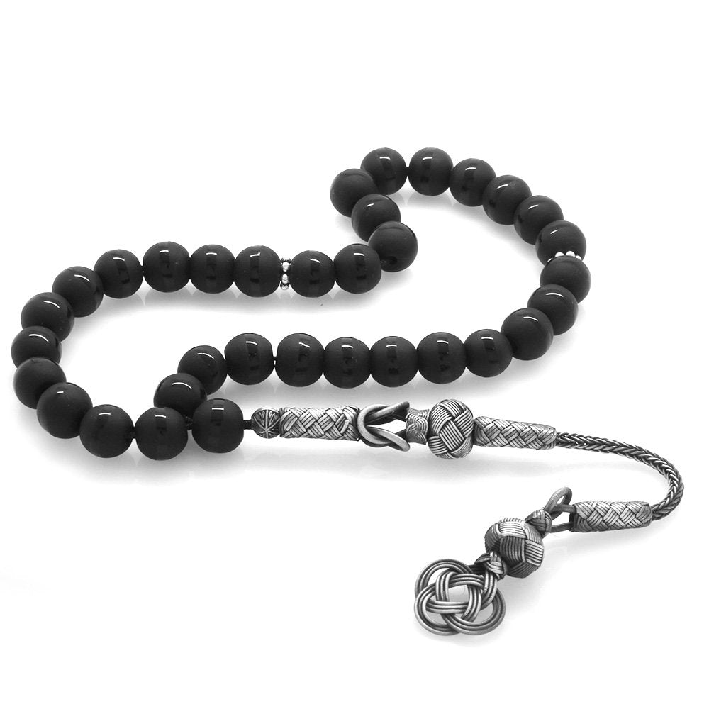 Men's 1000 Carat Silver Kazaz Tassel Round Cut Onyx Natural Stone Prayer Beads