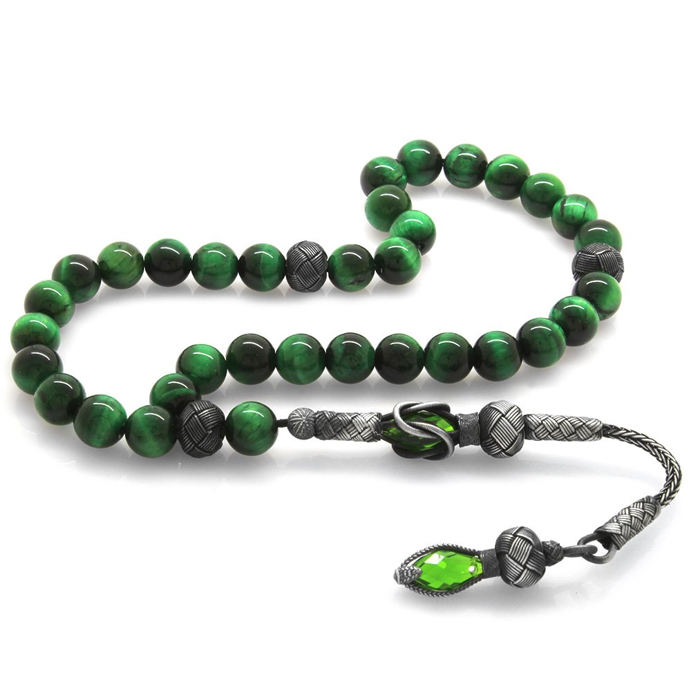 Men's 1000 Carat Silver Tassel Round Cut Green Tiger Eye Natural Stone Prayer Beads