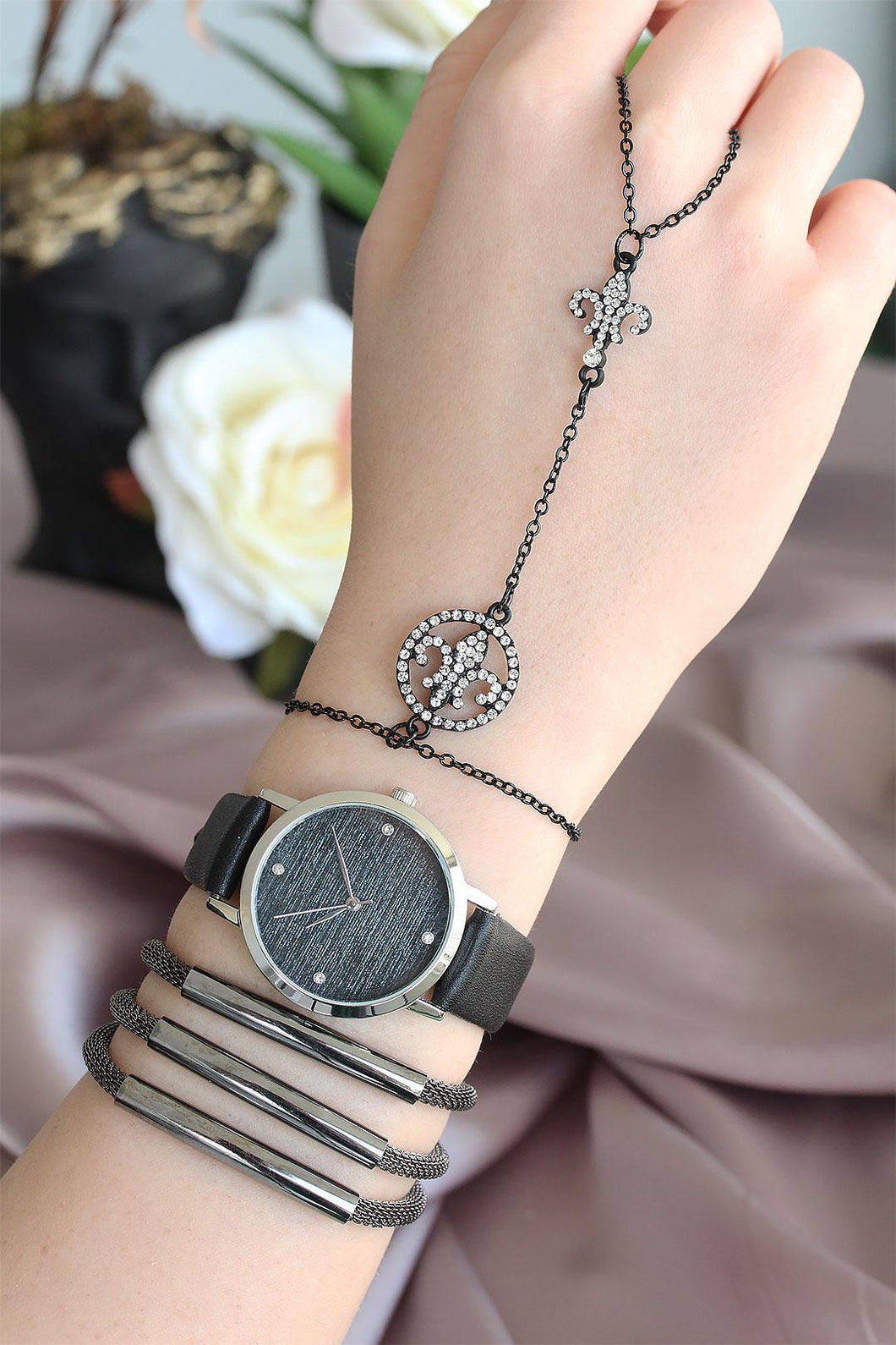 Women's Leather Strap Watch & Bracelet Set