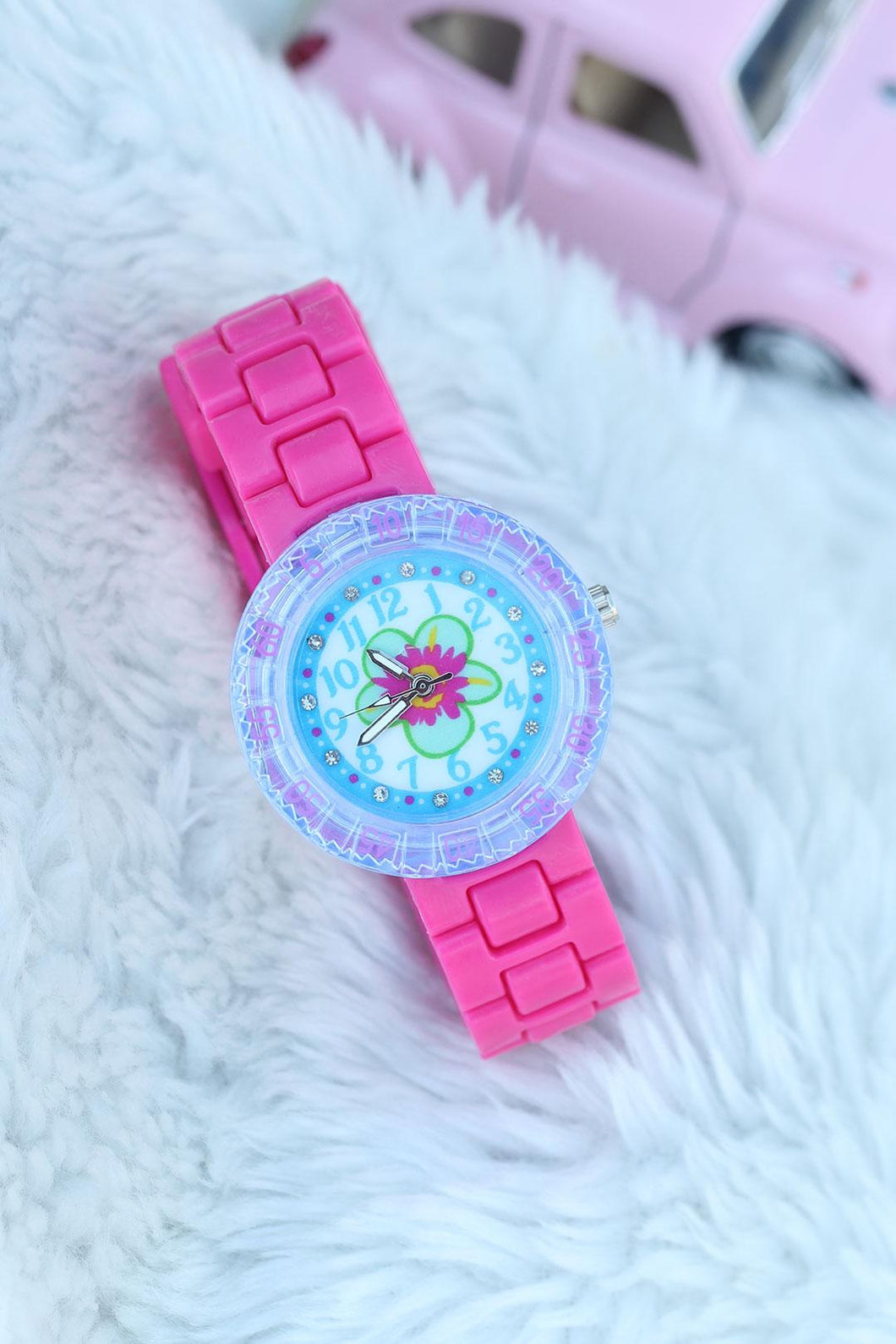 Girl's Transparent Case Fuchsia Strap Watch