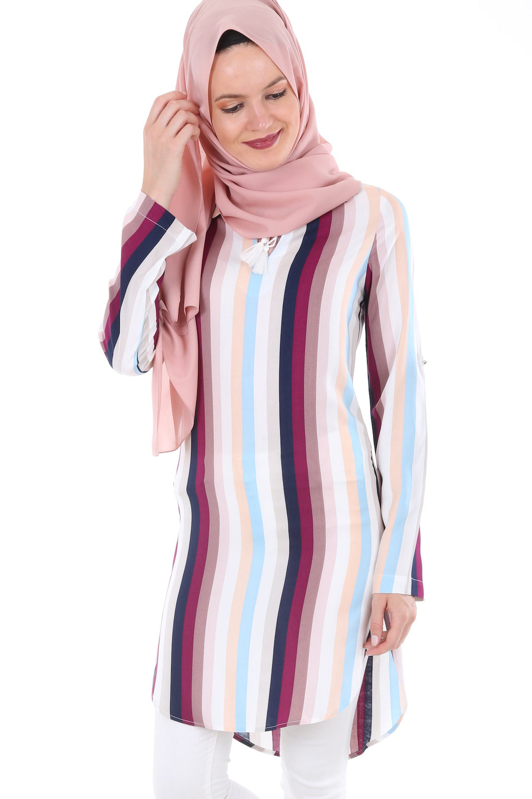 Women's Lace-up Collar Striped Modest Tunic