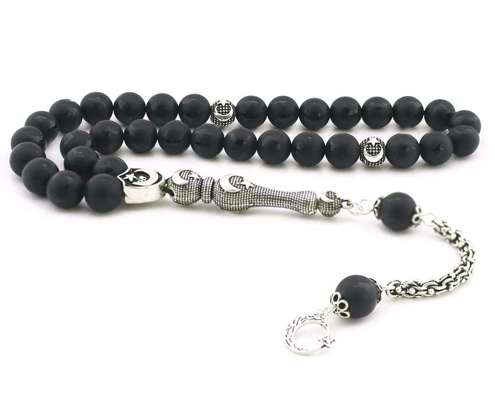 925 Carat Silver Tassel Round Cut Onyx Natural Stone Prayer Beads
