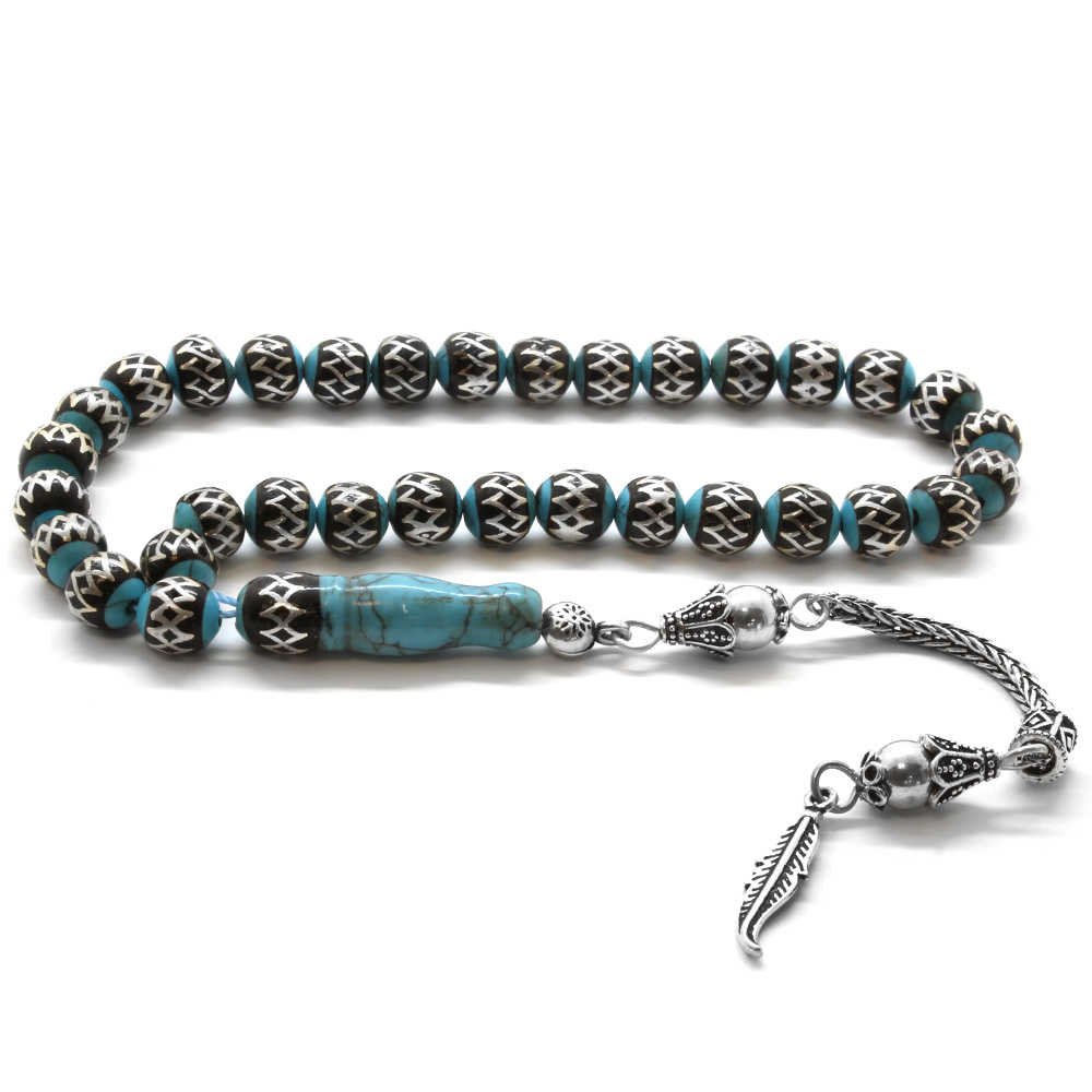 Men's 925 Carat Silver Tassel Round Cut Swirl Turquoise Natural Stone Prayer Beads