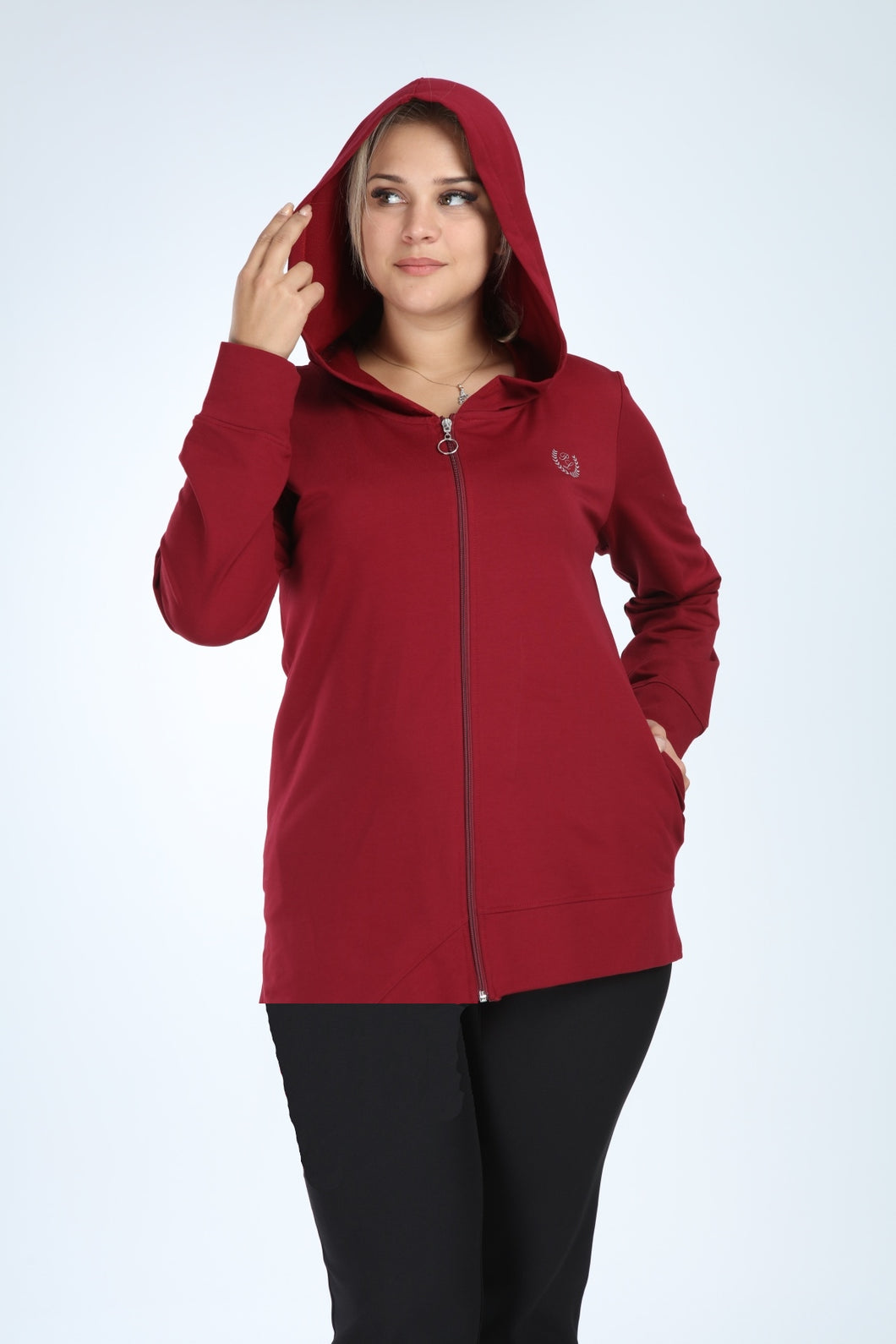 Women's Oversize Hooded Zipped Claret Red Jacket
