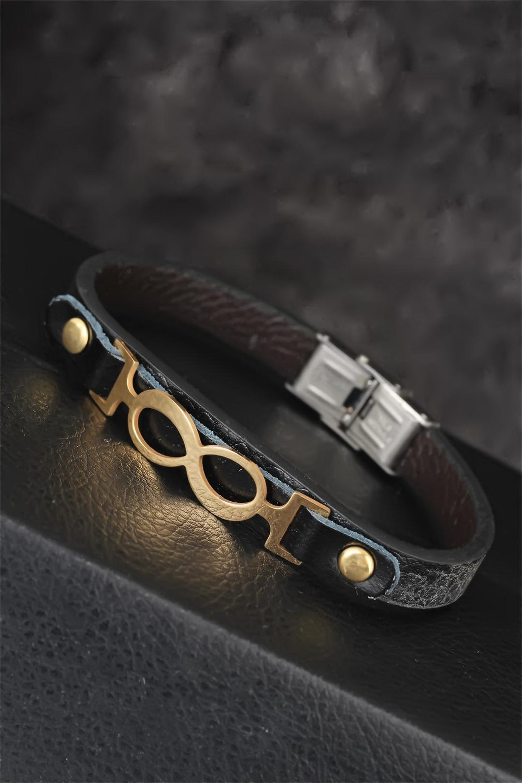 Men's Golden Infinity Figure Metal Accessory Black Leather Bracelet