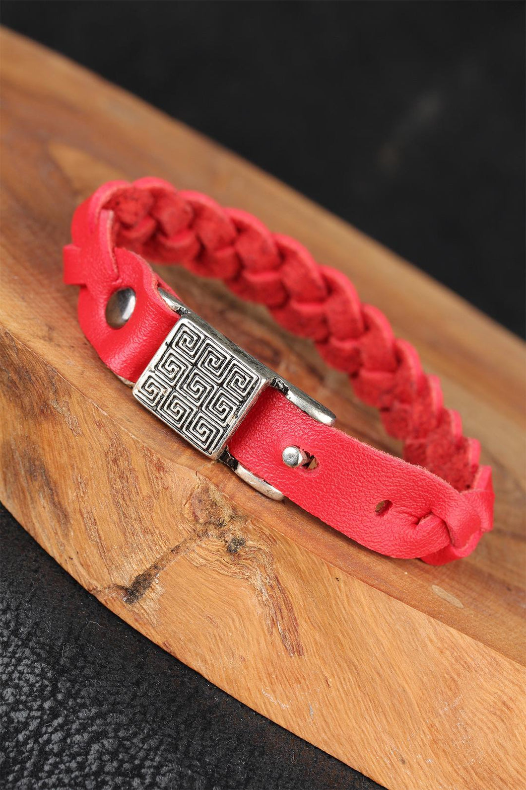 Men's Metal Accessory Knitted Red Leather Bracelet