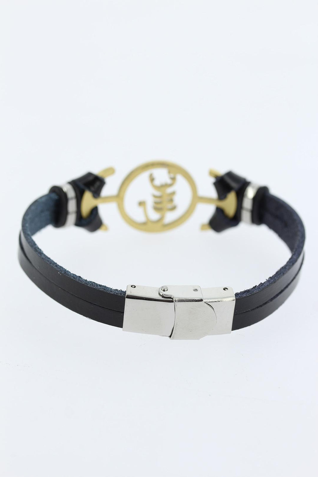 Men's Golden Figure Metal Accessory Black Leather Bracelet