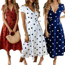 Load image into Gallery viewer, Women V-neck Polka Dots Short Sleeve Midi Dress Ladies Boho Long Summer Sundress
