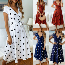 Load image into Gallery viewer, Women V-neck Polka Dots Short Sleeve Midi Dress Ladies Boho Long Summer Sundress
