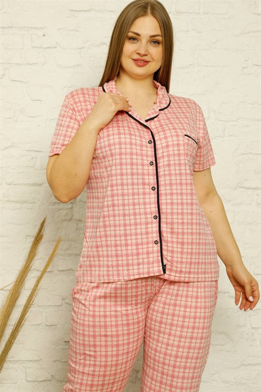 Women's Oversize Pocket Patterned Cotton Pajama Set