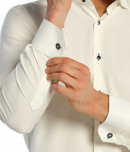 Load image into Gallery viewer, Navy Blue Stone Buttoned Cufflinks Cream Slim Fit Tuxedo Shirt
