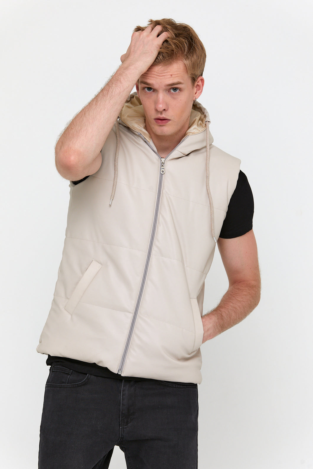 Men's Hooded Pocket Beige Artificial Leather Vest