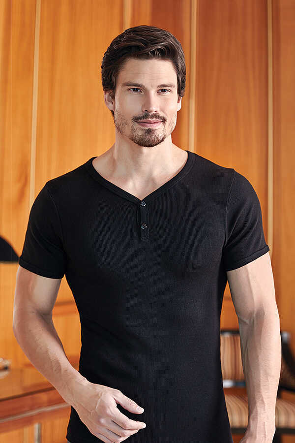 Men's V-neck Buttoned Black Camisole Sleeveless T-Shirt