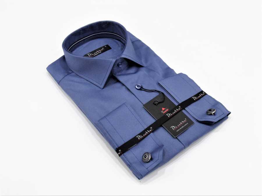 Cufflinks Buttoned Plain Indigo Micro Fabric Slim Fit Shirt