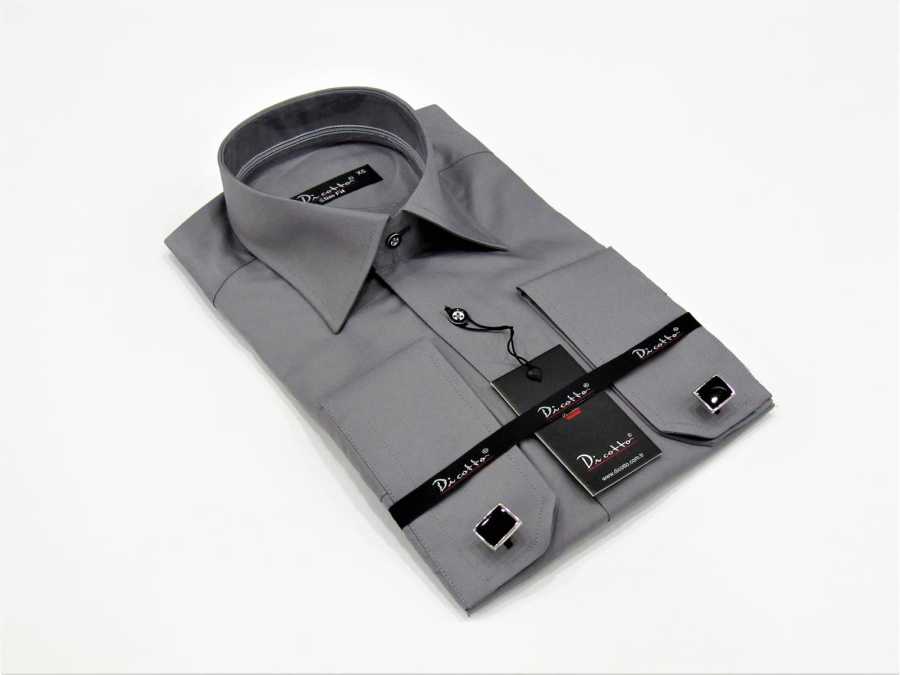 Cufflinks Buttoned Plain Grey Micro Fabric Slim Fit Shirt