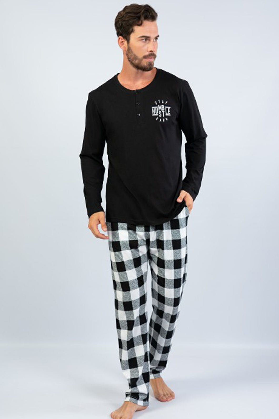 Men's Long Sleeves Checkered Black Pajama Set