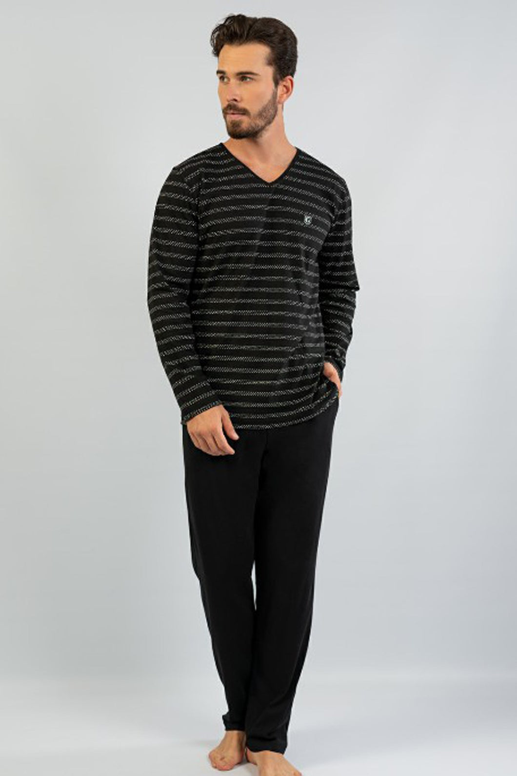Men's Long Sleeves Striped Black Pajama Set