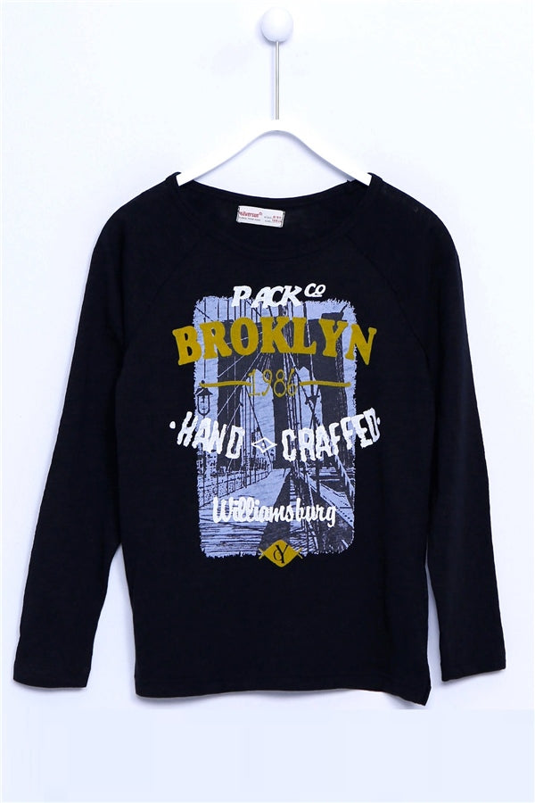 Teen Boy's Long Sleeves Printed Black T-shirt