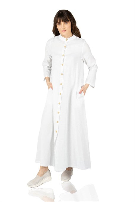 Women's Button Pocket White Abaya