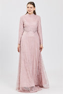 Women's Pearl Detail Powder Rose Lace Evening Dress