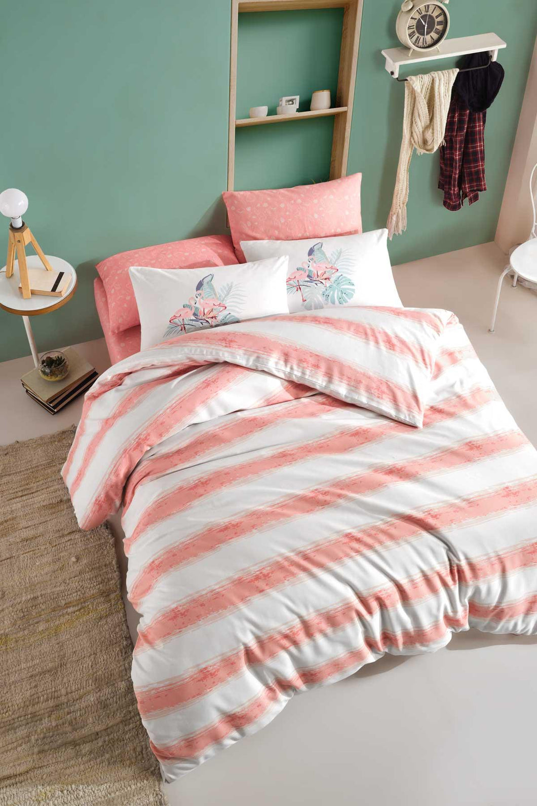 طقم غطاء لحاف سرير فردي وردي مزخرف