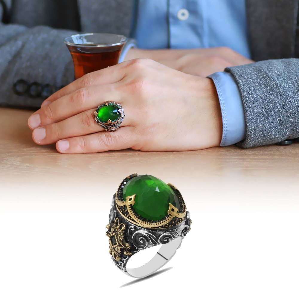 خاتم فضة عيار 925 بفصوص زركون أخضر رجالي