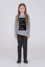 Load image into Gallery viewer, Young Girl&#39;s Long Sleeves Asymmetric Cut Printed Grey T-shirt
