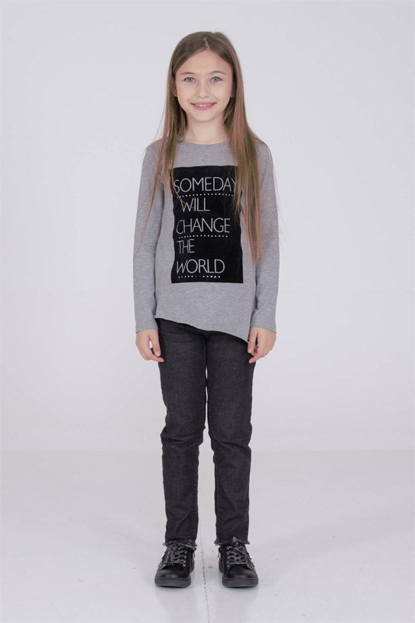 Young Girl's Long Sleeves Asymmetric Cut Printed Grey T-shirt