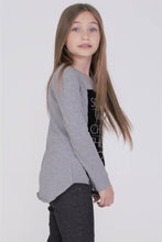 Load image into Gallery viewer, Young Girl&#39;s Long Sleeves Asymmetric Cut Printed Grey T-shirt
