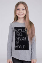 Load image into Gallery viewer, Young Girl&#39;s Long Sleeves Asymmetric Cut Printed Grey T-shirt
