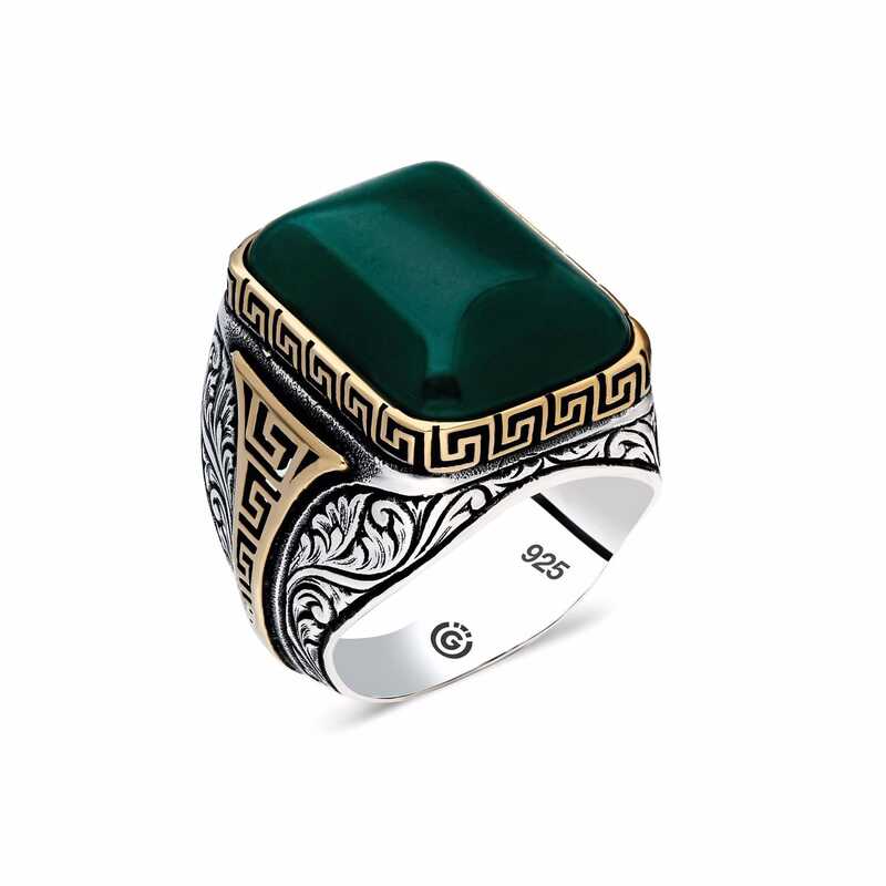 Men's Green Agate Stone Silver Ring