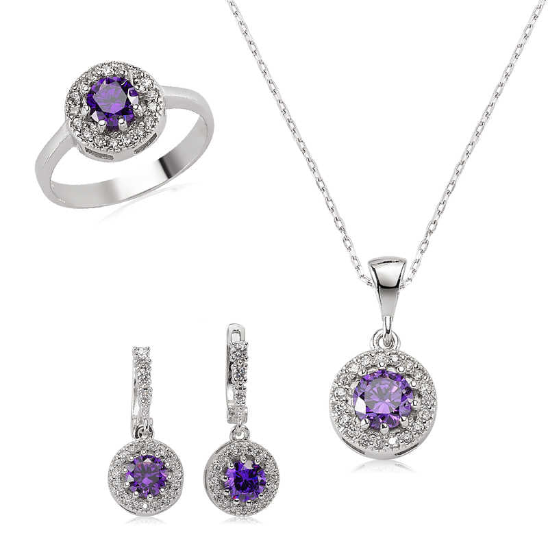 Women's Amethyst Gemmed Silver Necklace, Ring & Earrings Set