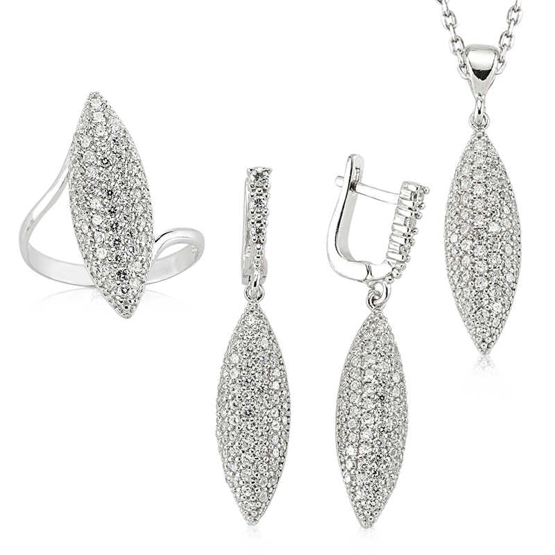 Women's White Gemmed Silver Necklace, Ring & Earrings Set