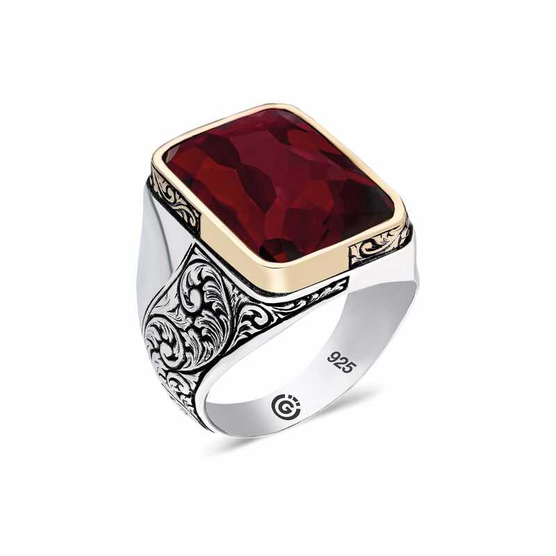 Men's Claret Red Stone Silver Ring