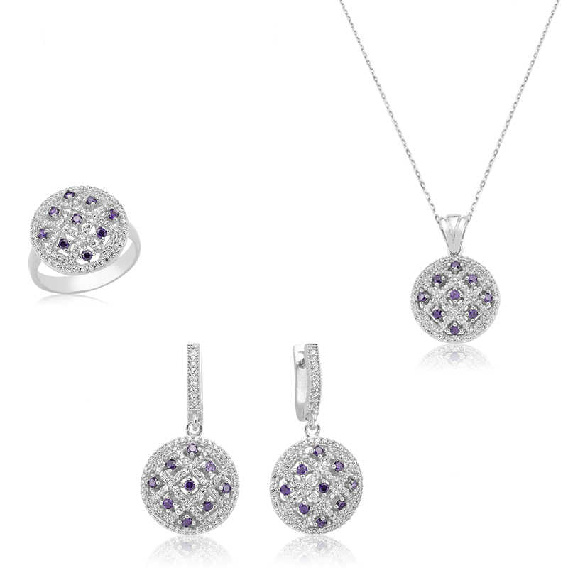 Women's Zircon Gemmed Silver Necklace, Ring & Earrings Set