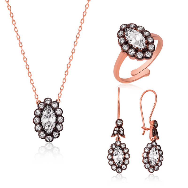 Women's Gemmed Rose Plated Silver Necklace, Ring & Earrings Set