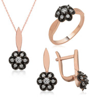 Women's Gemmed Flower Design Necklace, Ring & Earrings Set