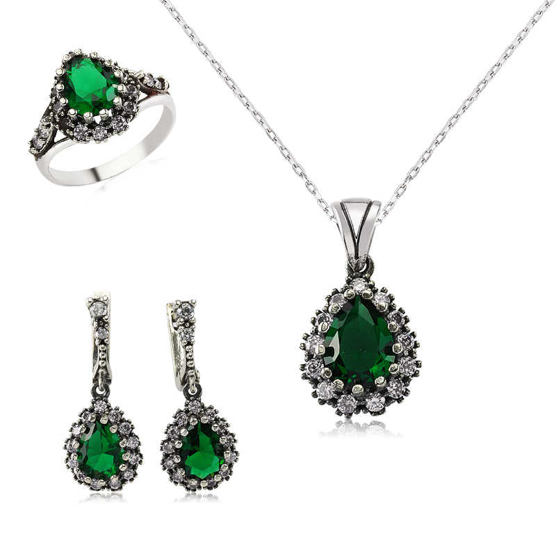 Women's Green Gemmed Necklace, Ring & Earrings Set