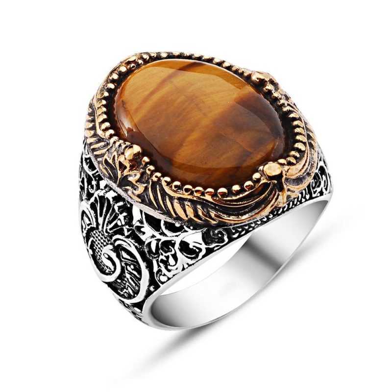 Men's Silver Tiger Eye Stone Ring