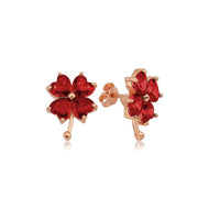 Women's Red Gemmed Clover Figure Rose Plated Silver Earrings