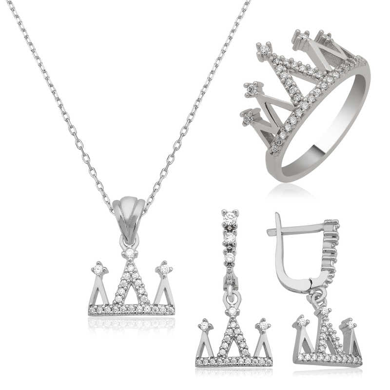 Women's Crown Design Silver Necklace, Ring & Earrings Set