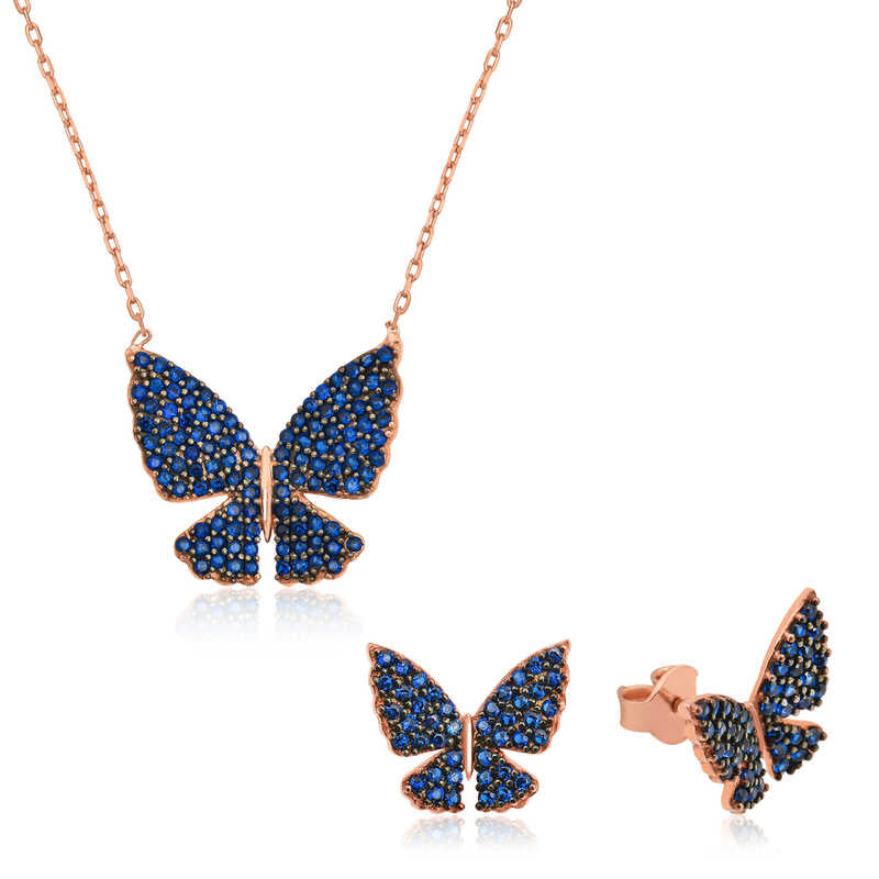 Women's Navy Blue Gemmed Butterfly Design Necklace & Earrings Set