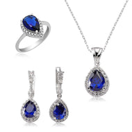 Women's Navy Blue Drop Gemmed Necklace, Ring & Earrings Set
