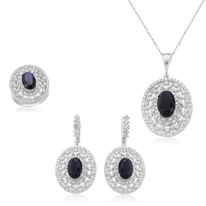 Women's Navy Blue Oval Gemmed Silver Necklace, Ring & Earrings Set