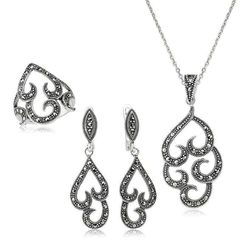 Women's Marcasite Gemmed Silver Necklace, Ring & Earrings Set