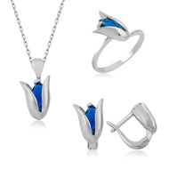 Women's Blue Gemmed Tulip Design Silver Necklace, Ring & Earrings Set