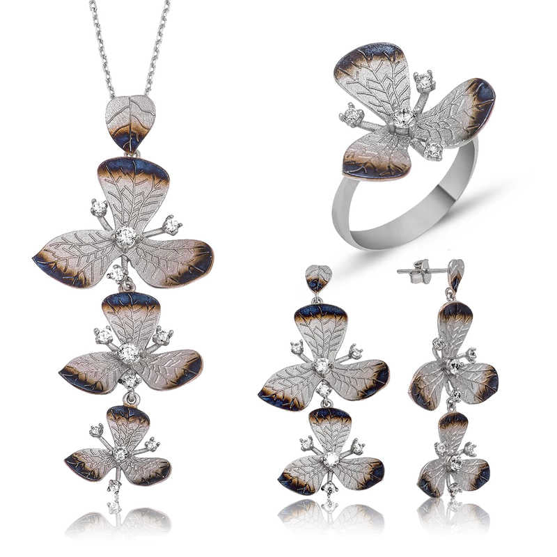 Women's Floral Pendant Silver Necklace, Ring & Earrings Set