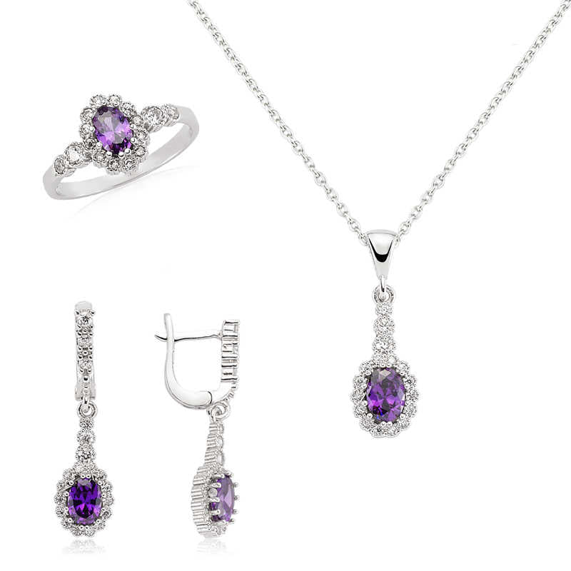 Women's Purple Gemmed Silver Necklace, Ring & Earrings Set